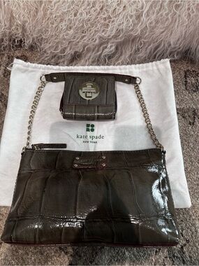 Kate Spade olive grey croc-embossed patent leather shoulder bag and wallet